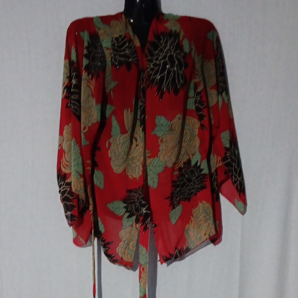 Rue 21 Floral Red Kimono Jacket Cardigan Tie Front Oriental Wrap S/P